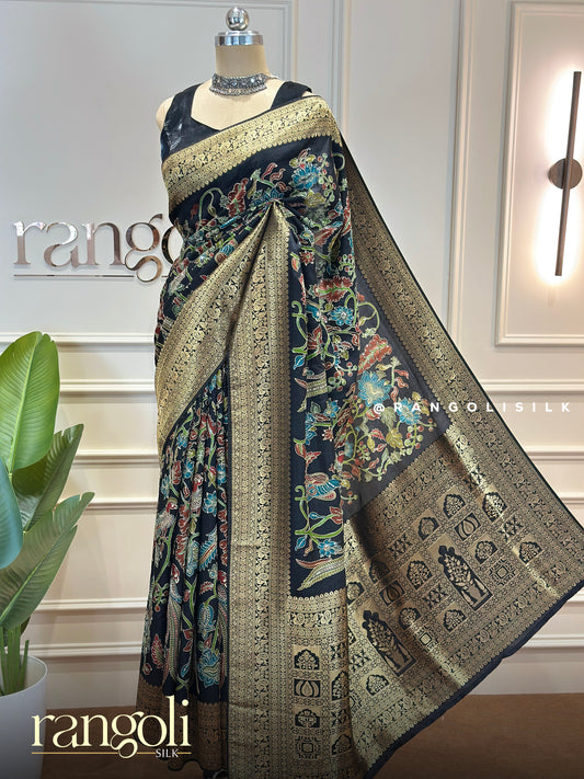 Black Multicolor Floral Banarasi Saree With Antique Gold Zari Border -  Post 880