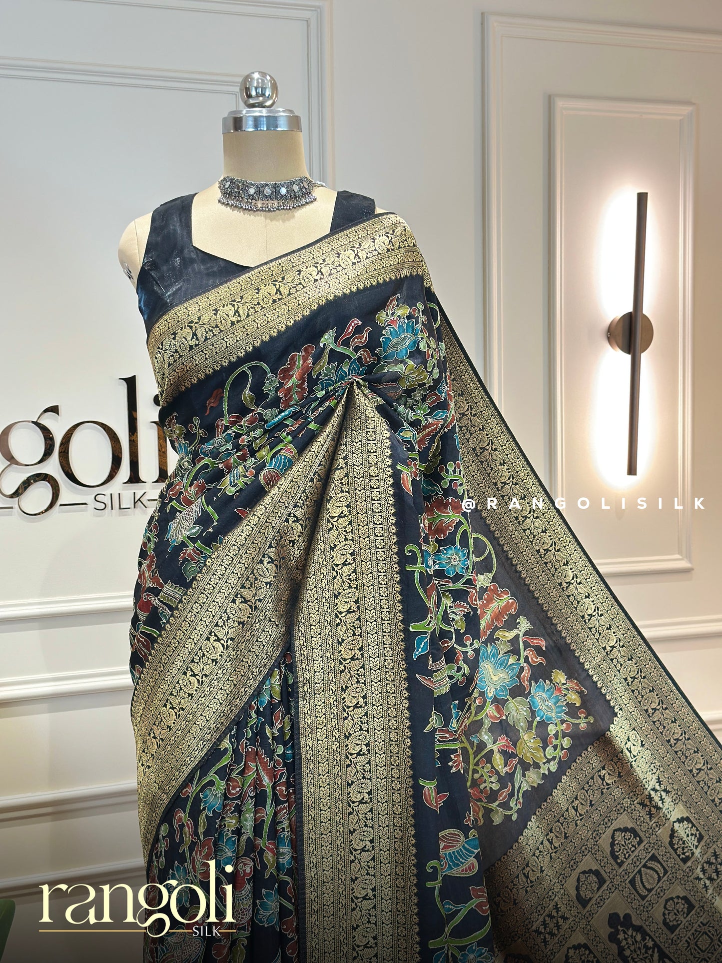 Black Multicolor Floral Banarasi Saree With Antique Gold Zari Border -  Post 880