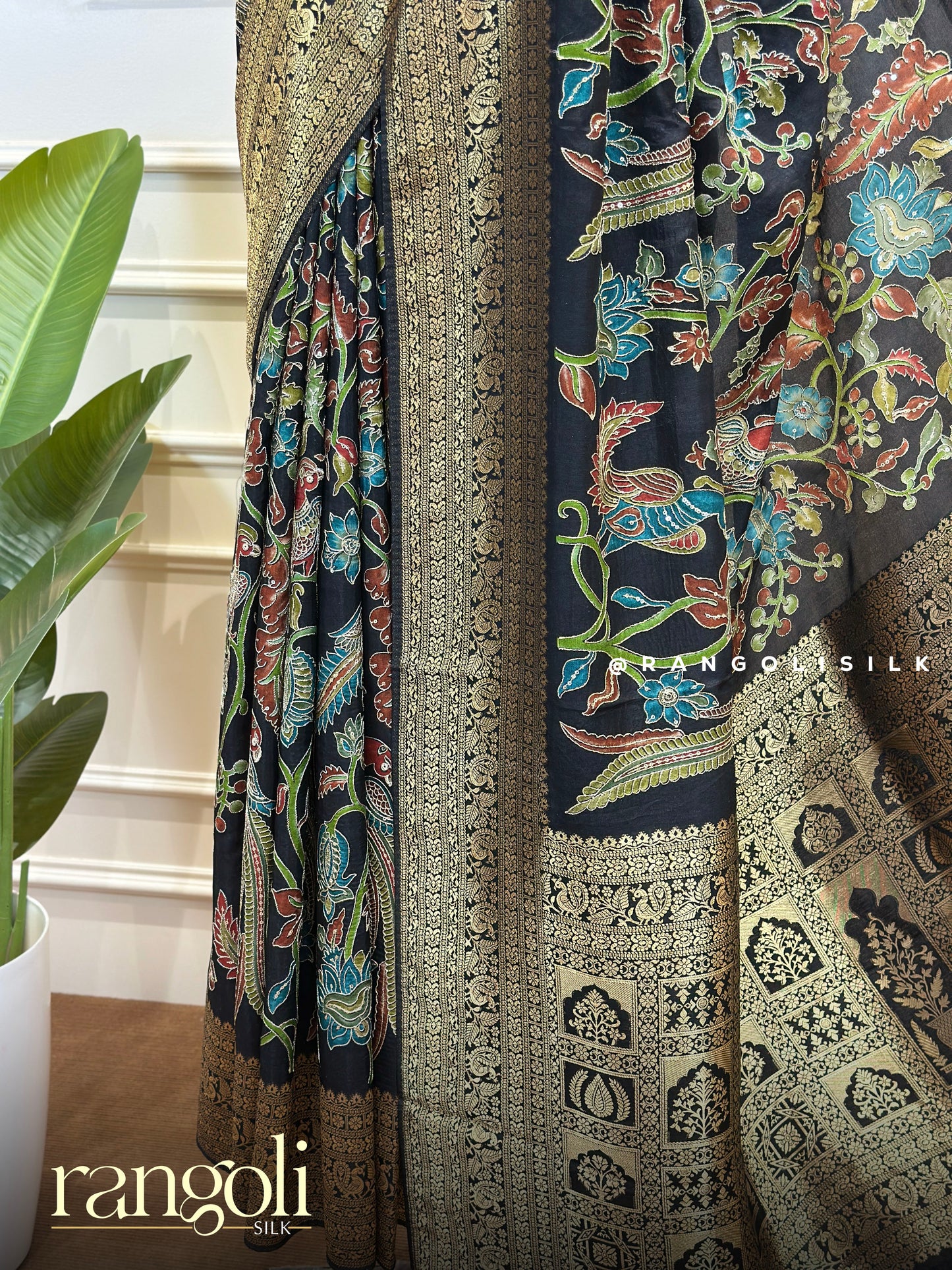 Black Multicolor Floral Banarasi Saree With Antique Gold Zari Border -  Post 880