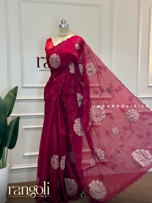 Designer Floral Embroidered Saree with Sheer Detailing - Post 475