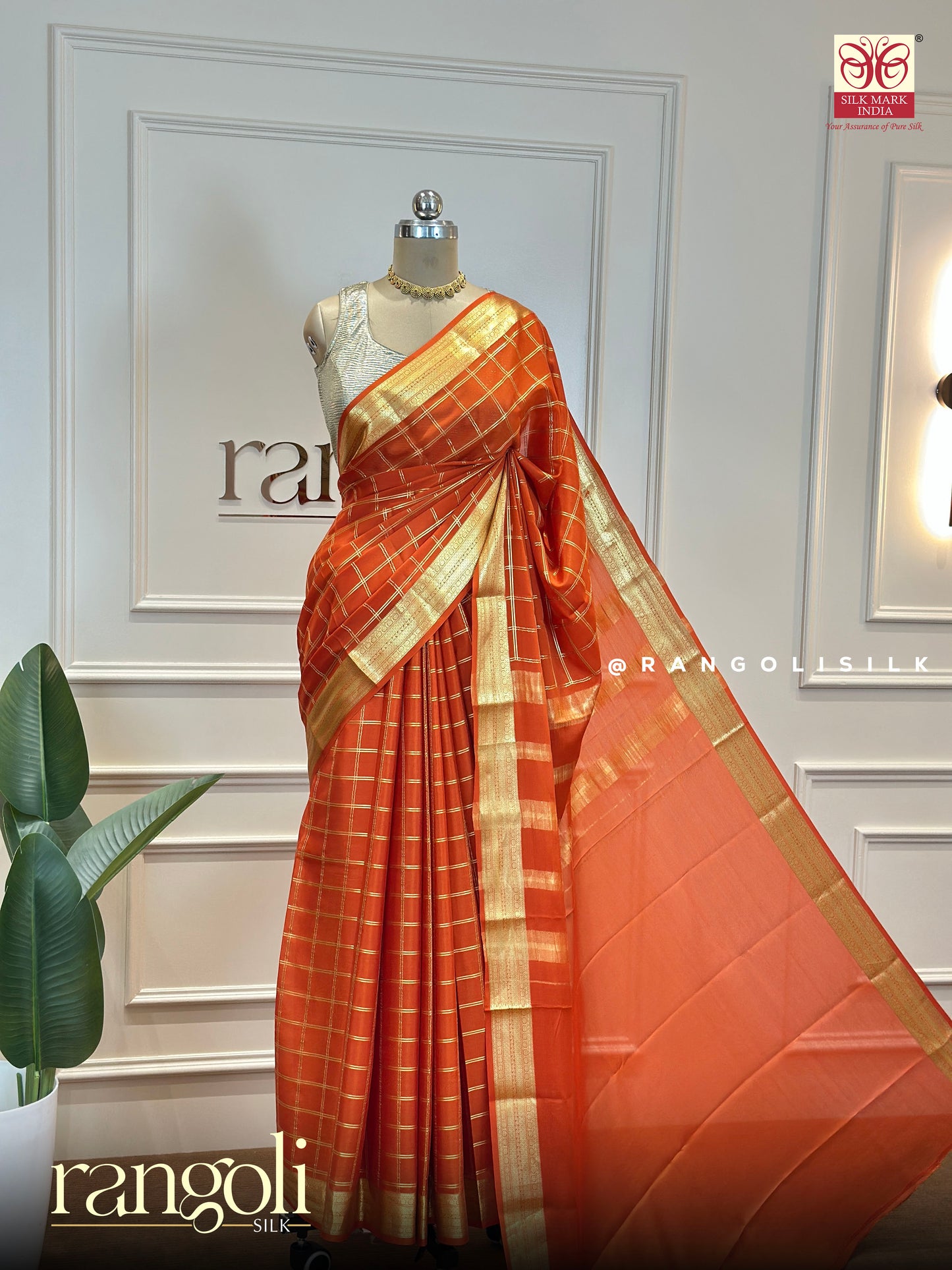 Elegant Pure Mysore Silk Crepe Saree with Golden Zari Border and Classic Check Patterns - Post 591
