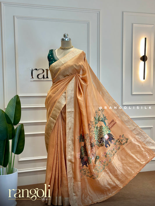 Peach Gold Banaras Saree with Zari Border & Embroidered Elephant Floral Pallu - Post 476