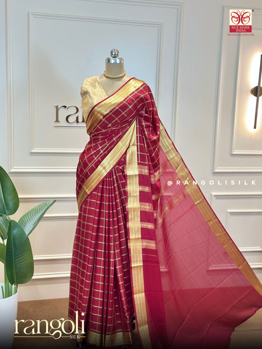 Elegant Pure Mysore Silk Crepe Saree with Golden Zari Border and Classic Check Patterns - Post 591