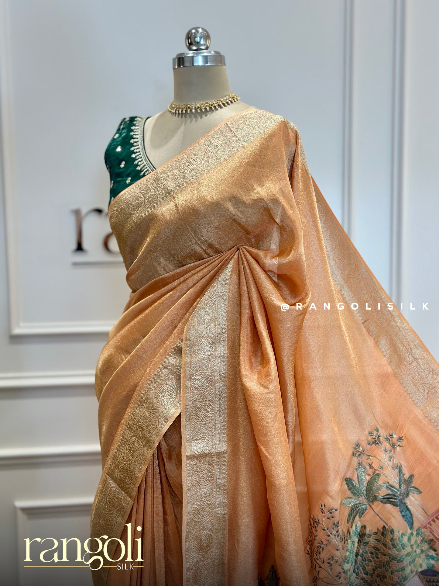 Peach Gold Banaras Saree with Zari Border & Embroidered Elephant Floral Pallu - Post 476