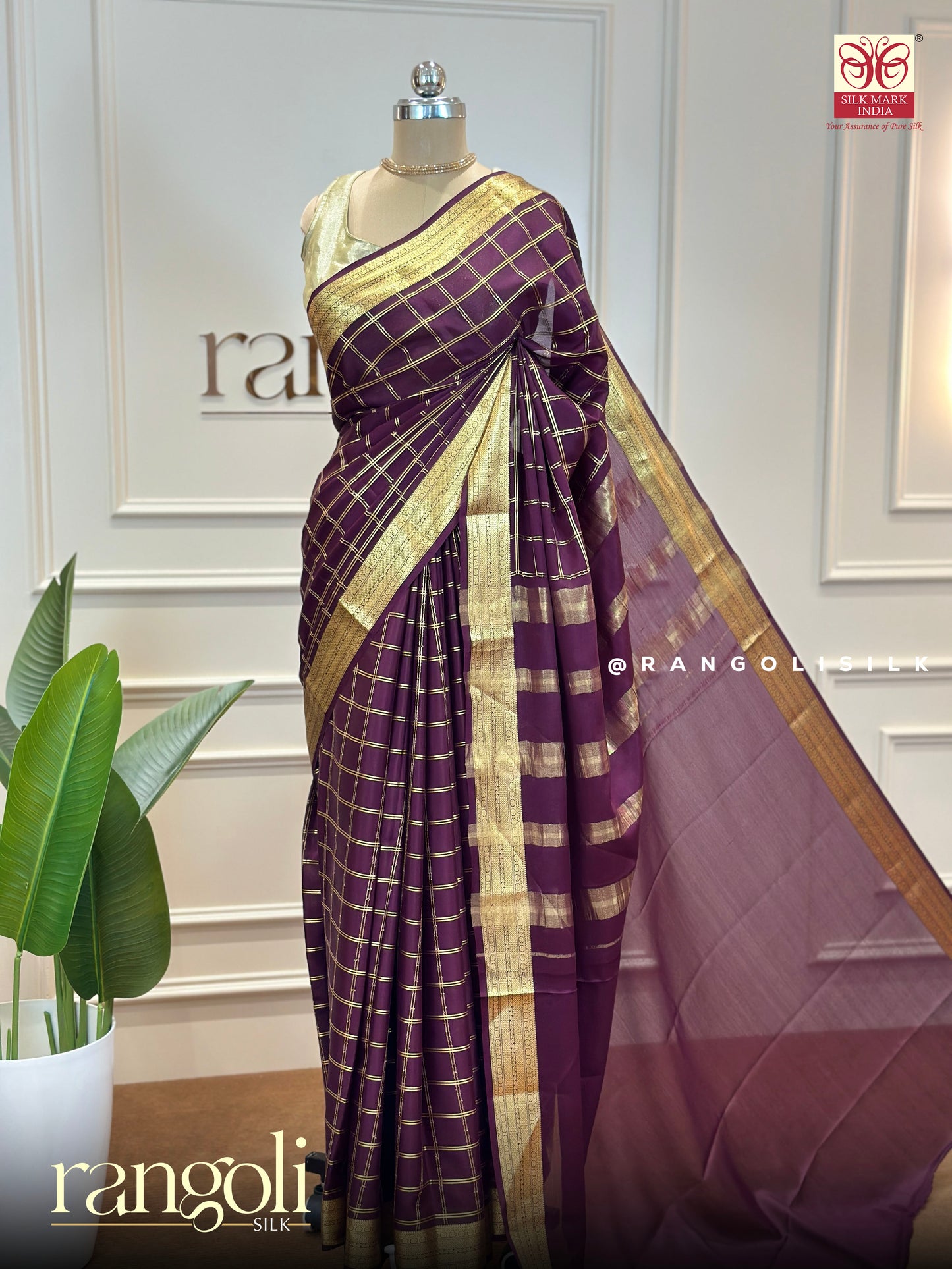 Elegant Pure Mysore Silk Crepe Saree with Golden Zari Border and Classic Check Patterns - Post 591