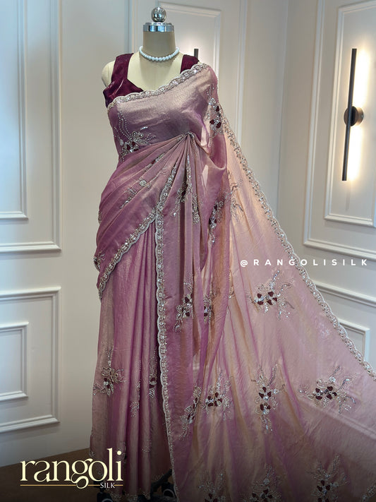 Dusty Mauve & Blush Pink Organza Designer Saree with Sequin Work - Post 767