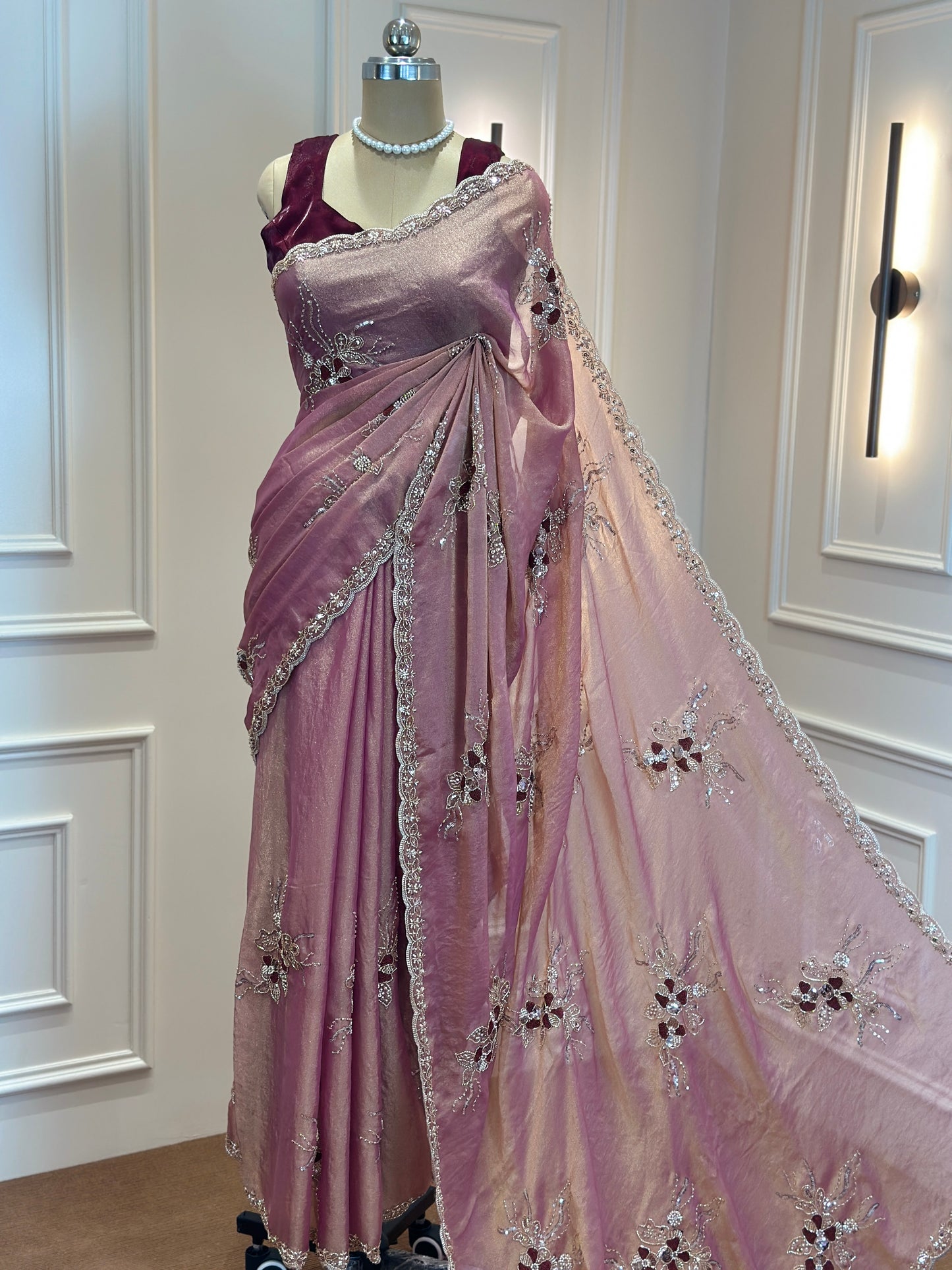 Dusty Mauve & Blush Pink Organza Designer Saree with Sequin Work - Post 767