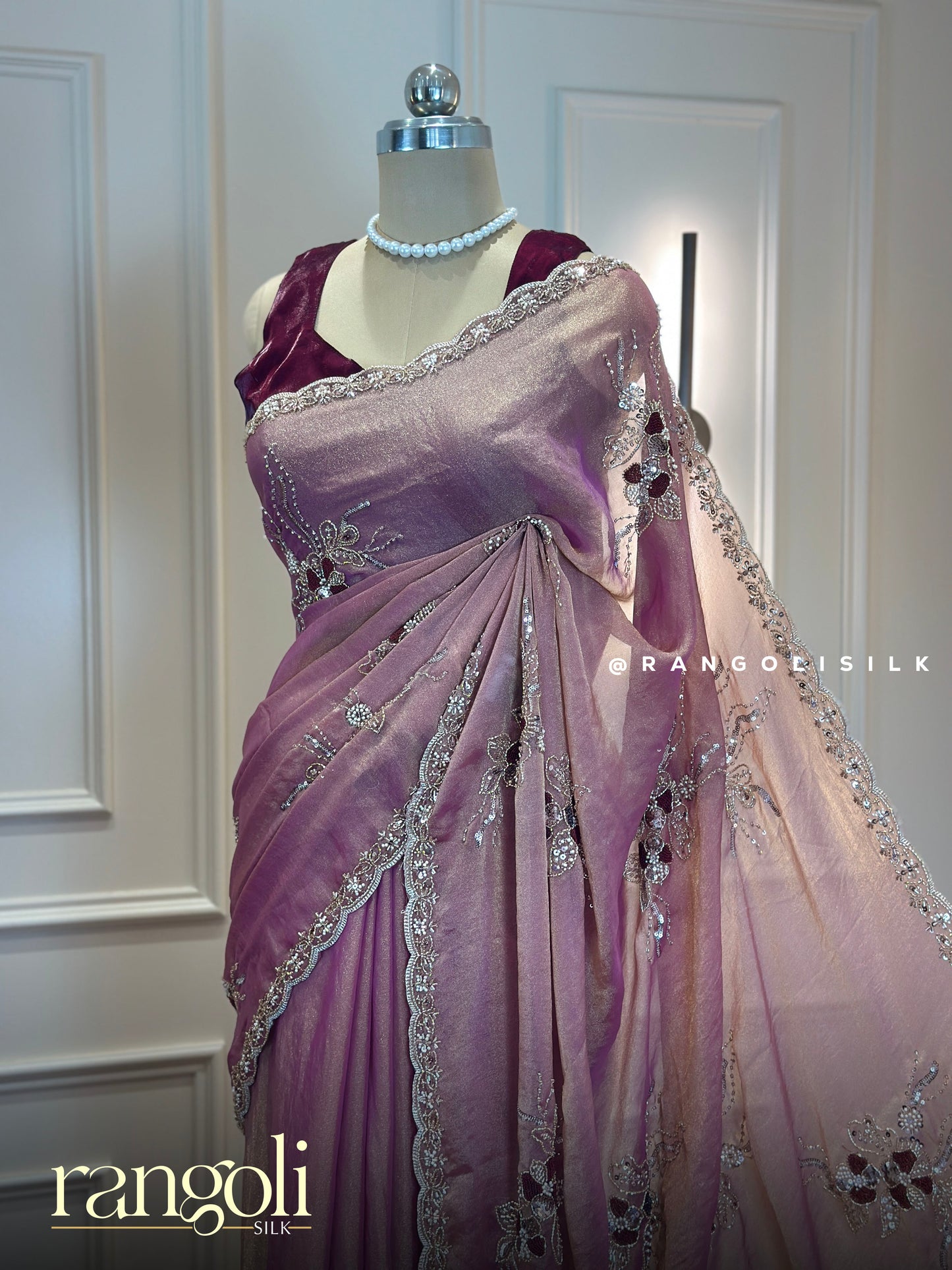 Dusty Mauve & Blush Pink Organza Designer Saree with Sequin Work - Post 767