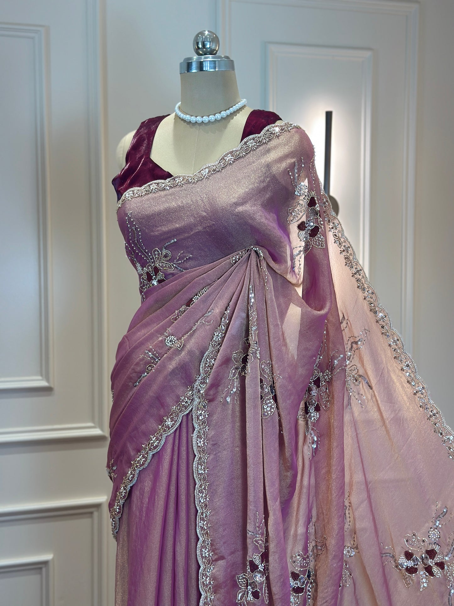 Dusty Mauve & Blush Pink Organza Designer Saree with Sequin Work - Post 767