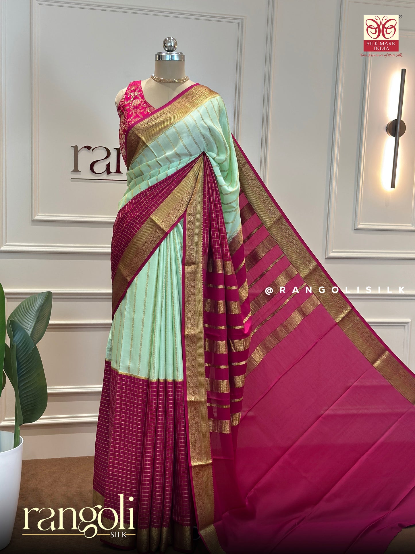 Pure Mysore Silk Saree – Mint Green & Magenta with Golden Zari - Post 590