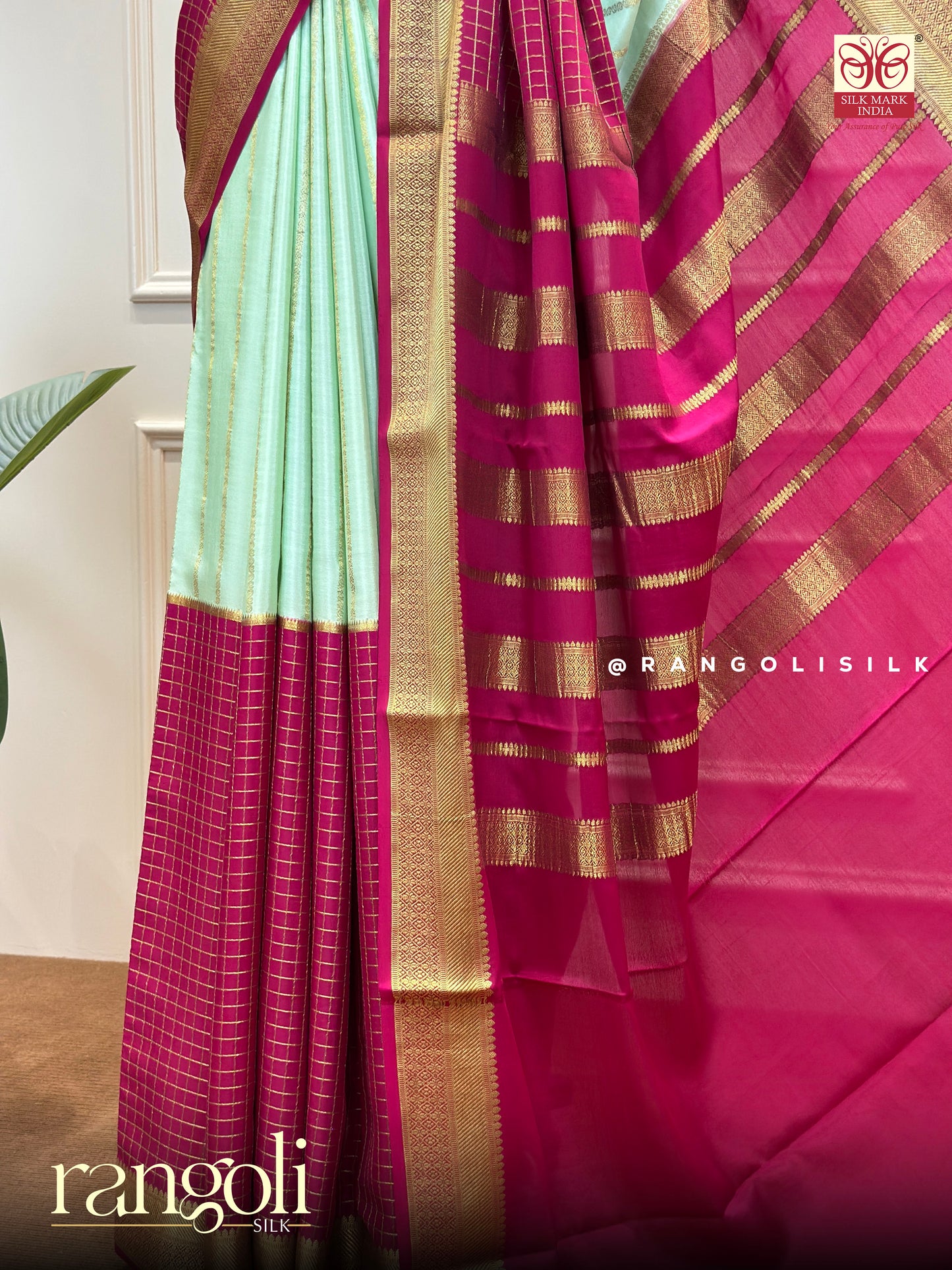 Pure Mysore Silk Saree – Mint Green & Magenta with Golden Zari - Post 590