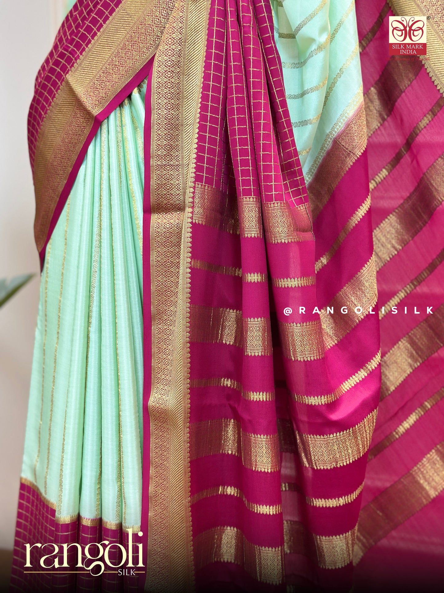 Pure Mysore Silk Saree – Mint Green & Magenta with Golden Zari - Post 590