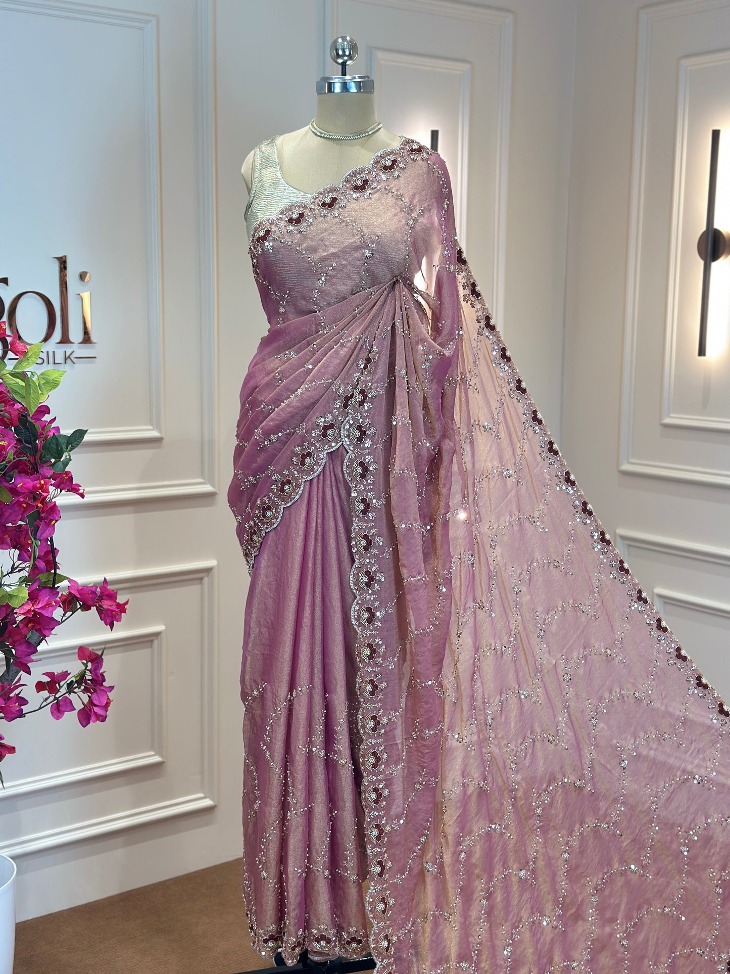 Dusty Mauve & Blush Pink Organza Designer Saree with Sequin Work - Post 767