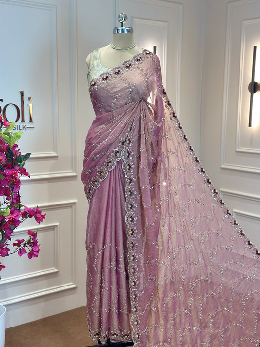 Dusty Mauve & Blush Pink Organza Designer Saree with Sequin Work - Post 767