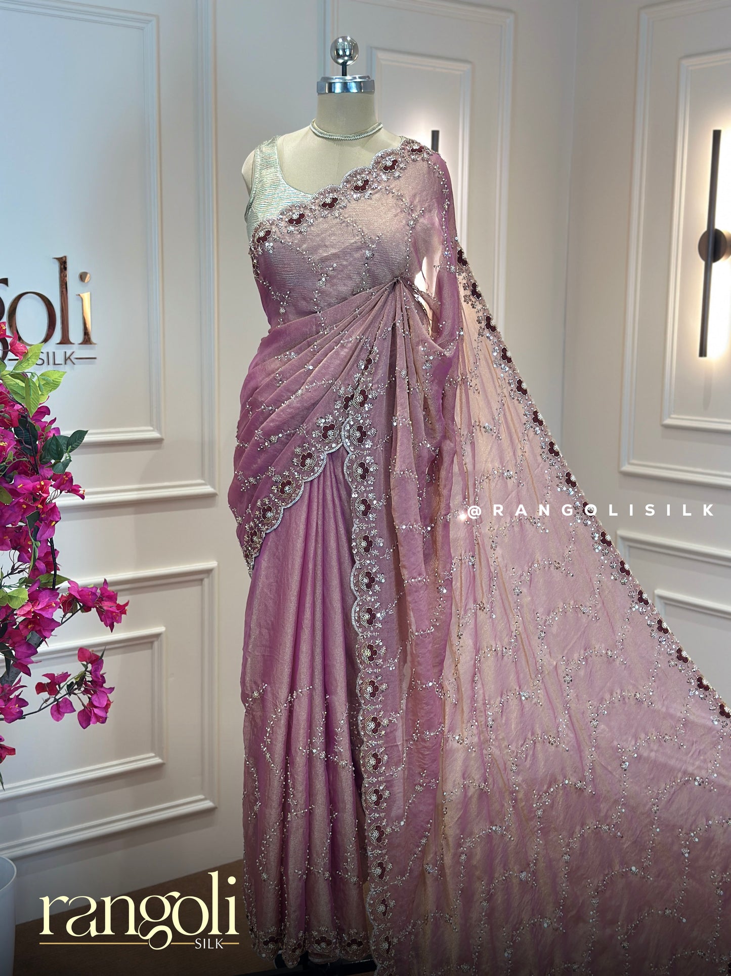 Dusty Mauve & Blush Pink Organza Designer Saree with Sequin Work - Post 767