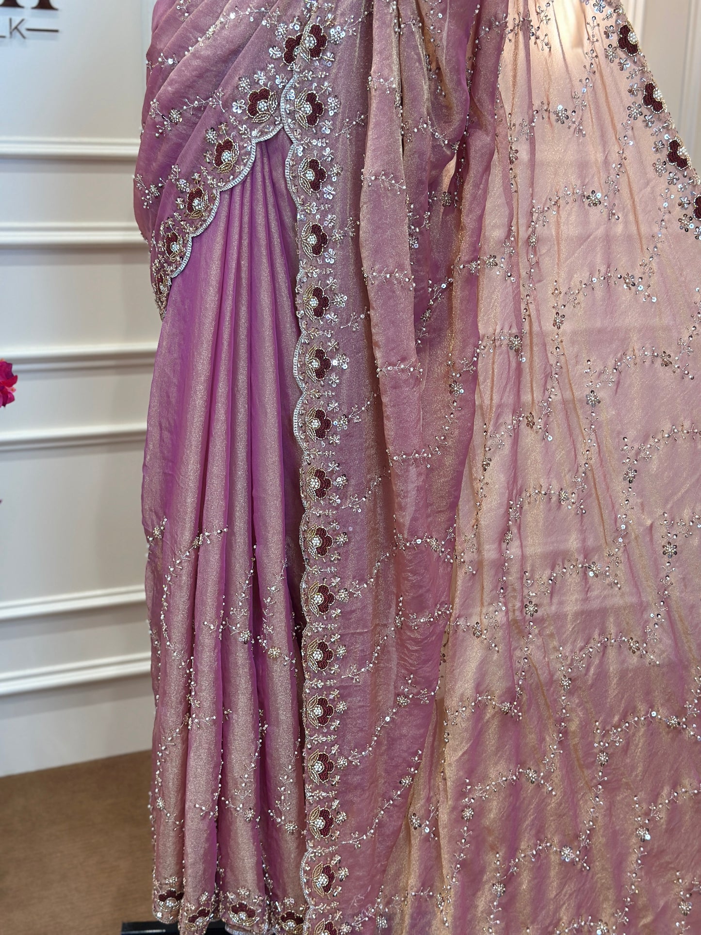 Dusty Mauve & Blush Pink Organza Designer Saree with Sequin Work - Post 767