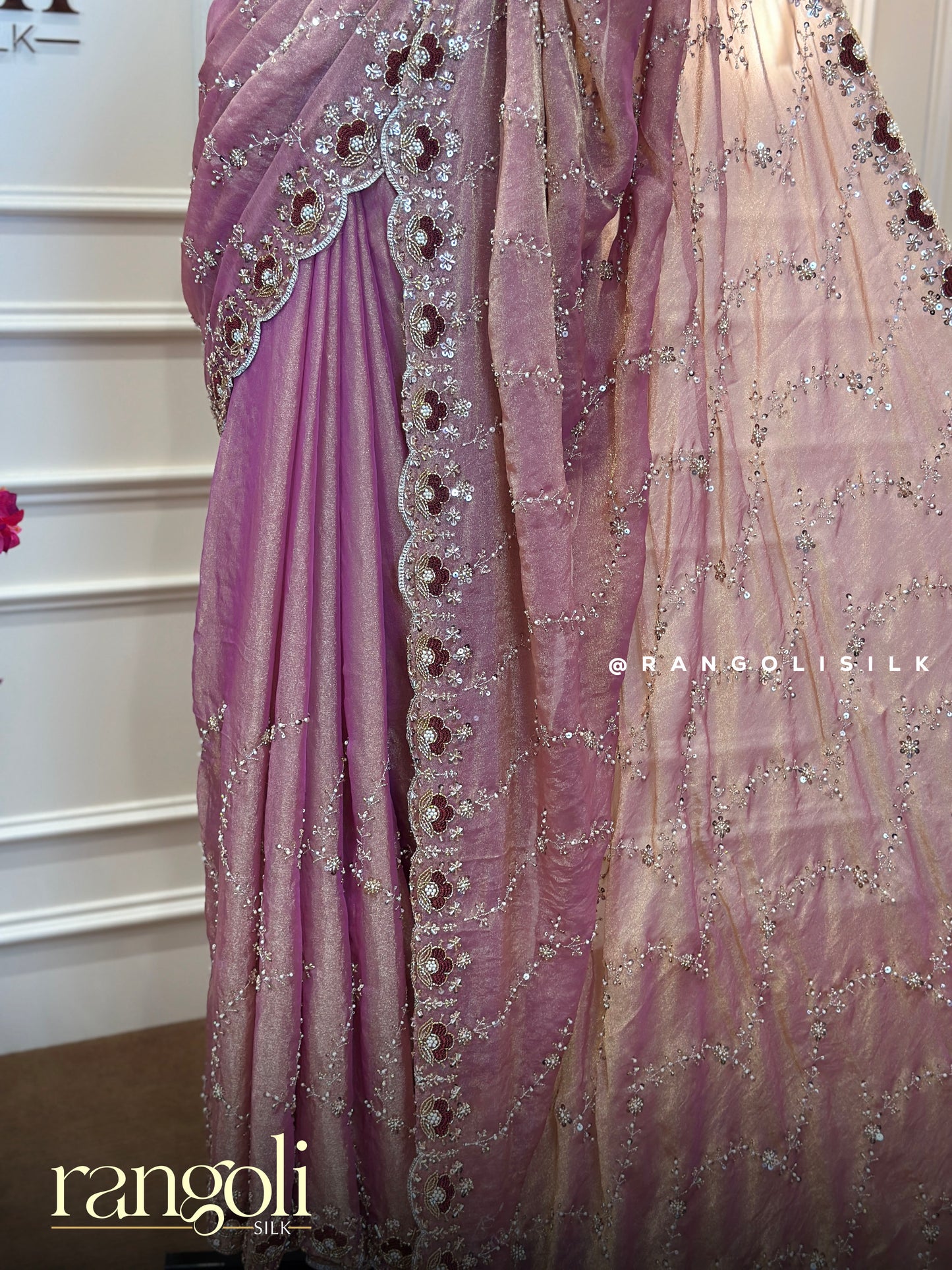 Dusty Mauve & Blush Pink Organza Designer Saree with Sequin Work - Post 767
