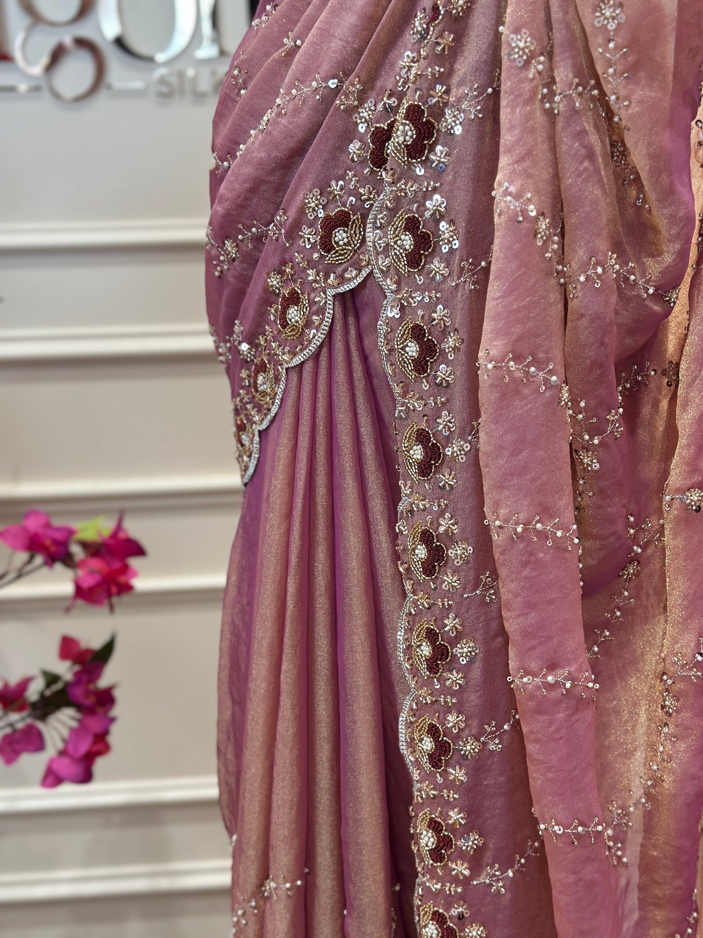 Dusty Mauve & Blush Pink Organza Designer Saree with Sequin Work - Post 767