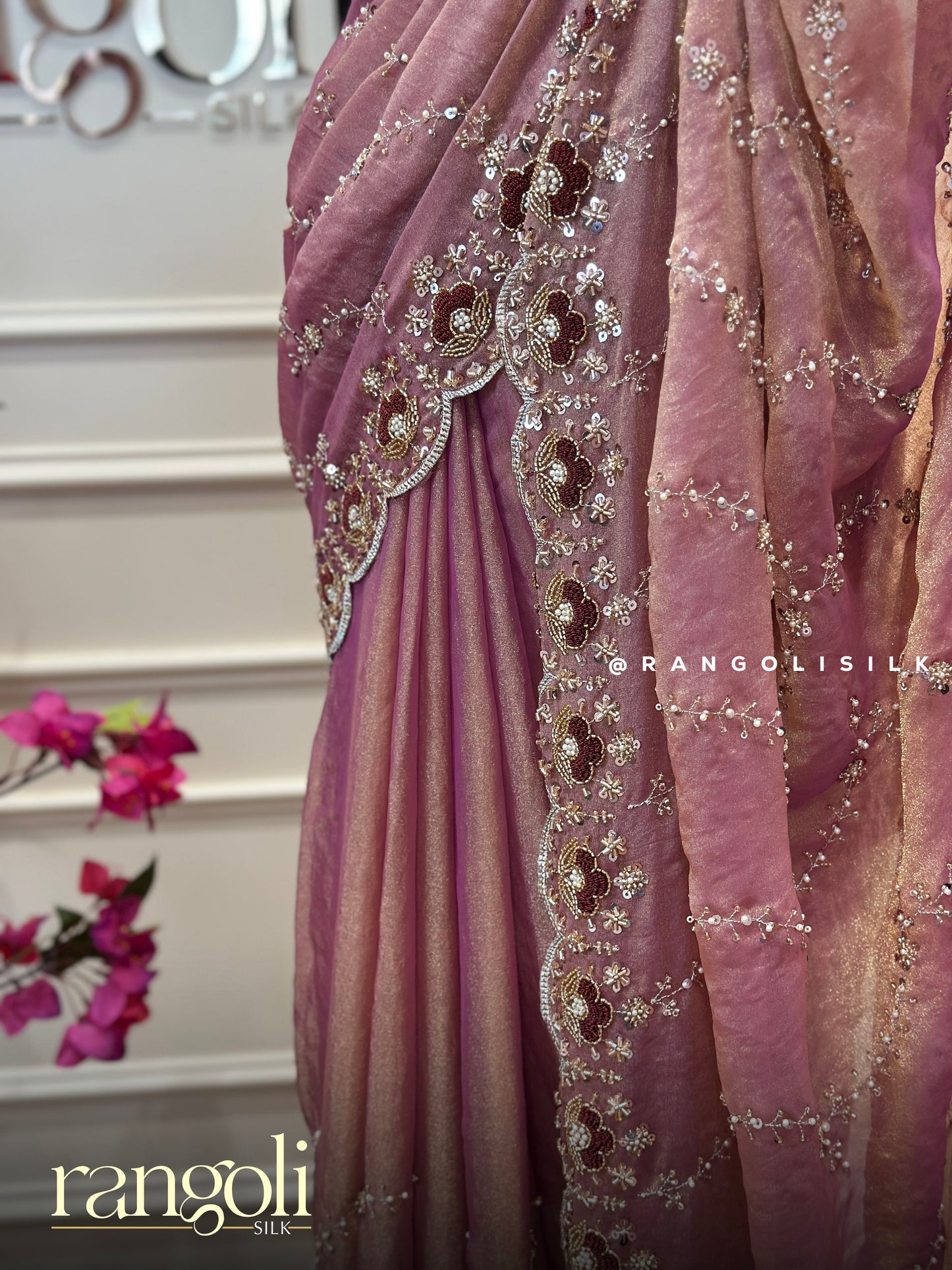 Dusty Mauve & Blush Pink Organza Designer Saree with Sequin Work - Post 767
