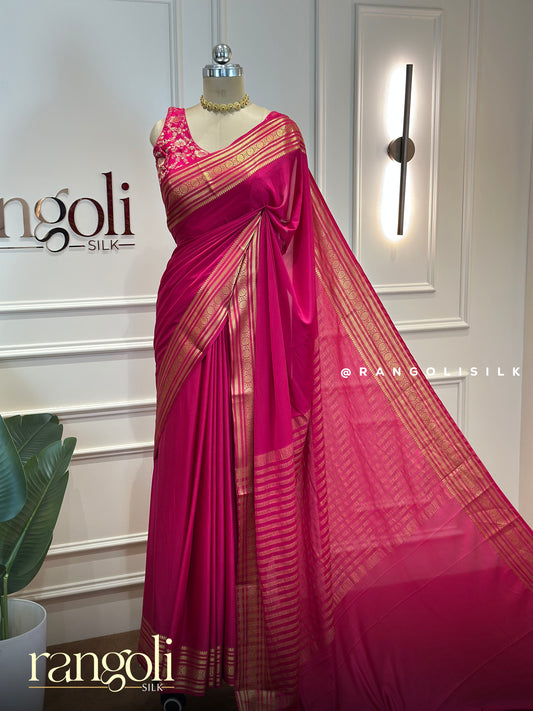 Semi Mysore Silk Crepe Saree With Rich Zari Border & Striped Pallu - Post 884