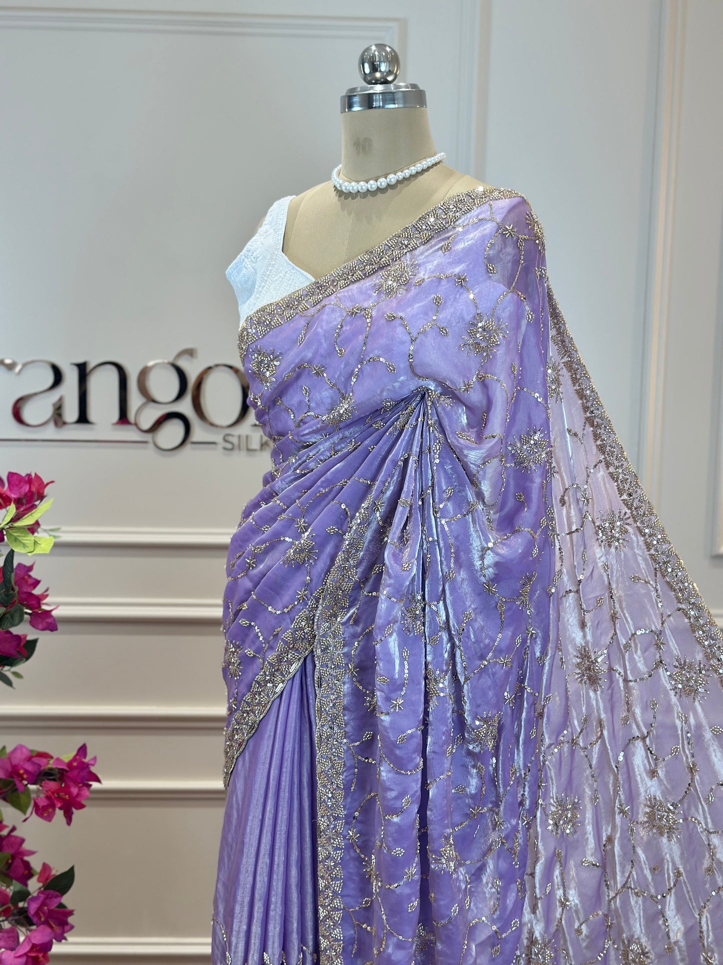 Designer Soft Organza Saree in Lavender with Embellished Border  - Post 771