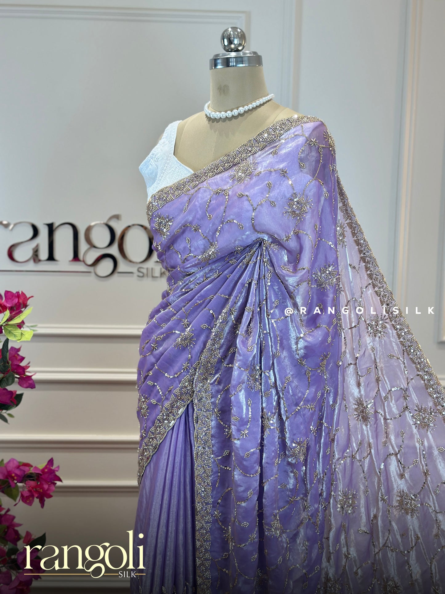 Designer Soft Organza Saree in Lavender with Embellished Border  - Post 771