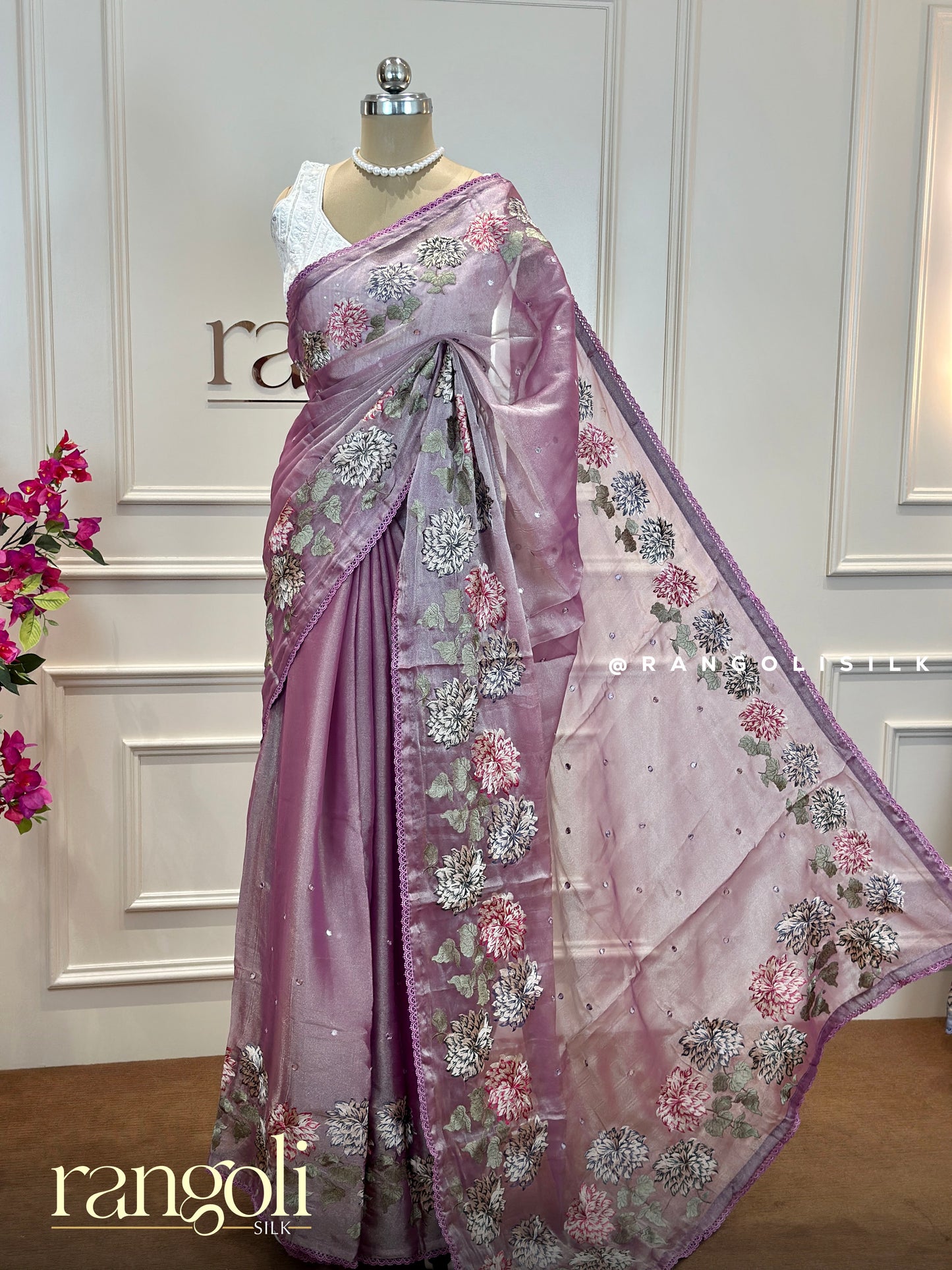 Designer Floral Embroidered Saree in Pastel Lavender & Dusty Blue with Sequin Work - Post 687