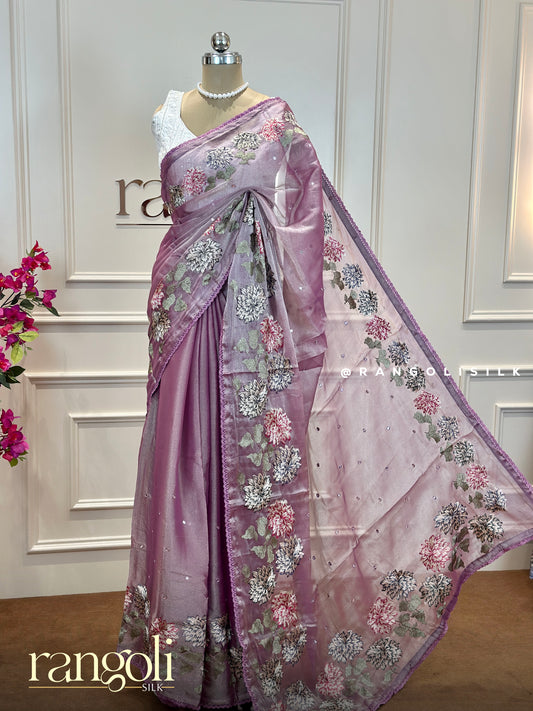 Designer Floral Embroidered Saree in Pastel Lavender & Dusty Blue with Sequin Work - Post 687