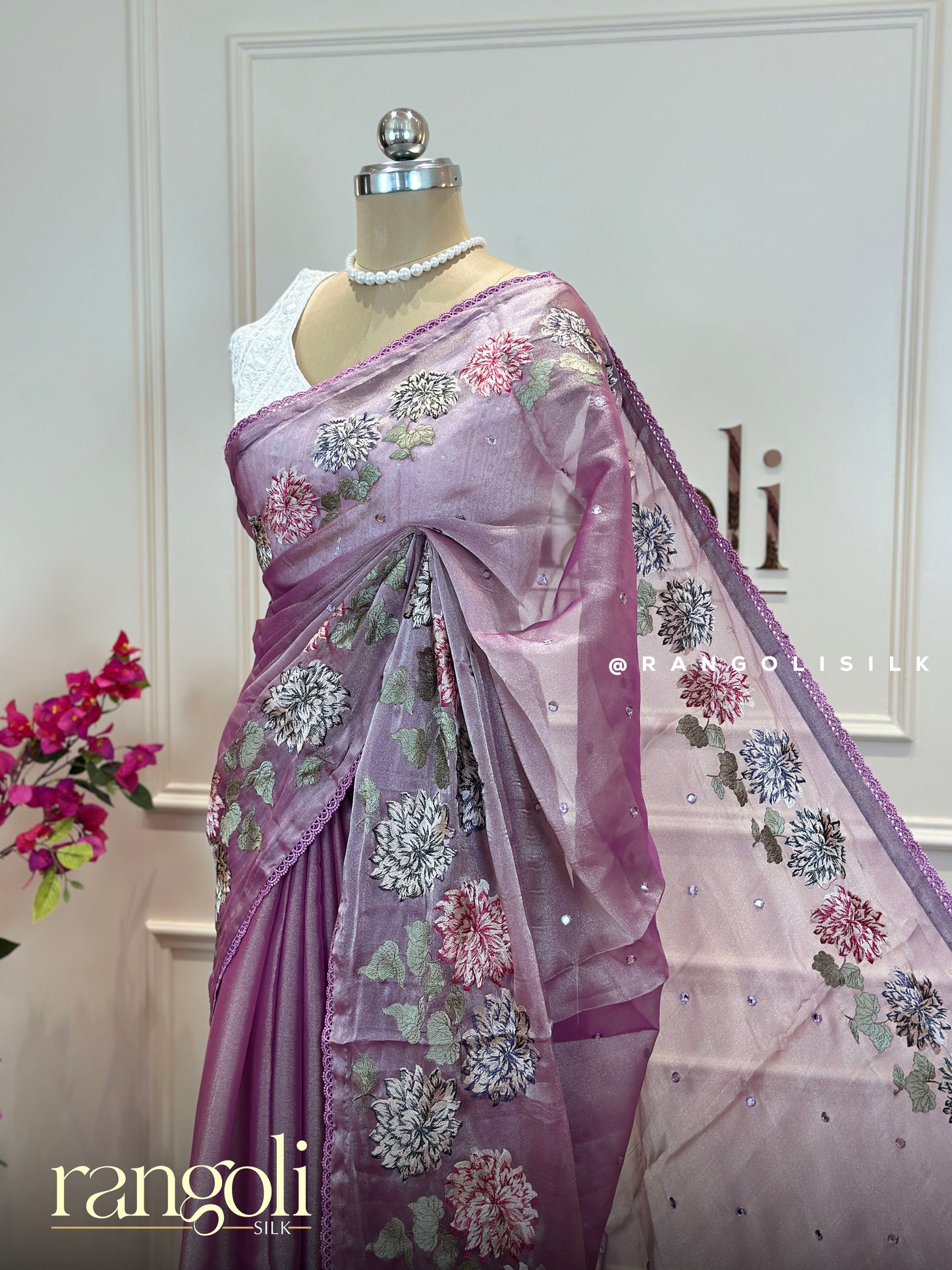 Designer Floral Embroidered Saree in Pastel Lavender & Dusty Blue with Sequin Work - Post 687