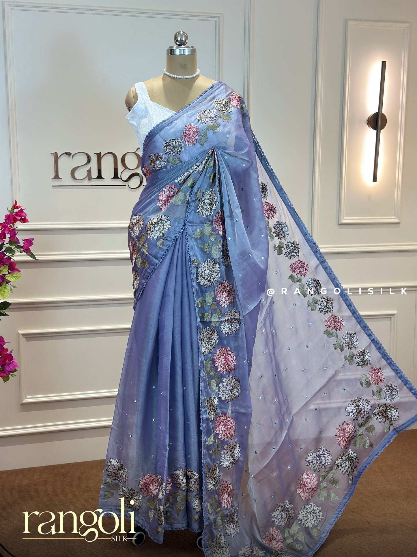 Designer Floral Embroidered Saree in Pastel Lavender & Dusty Blue with Sequin Work - Post 687