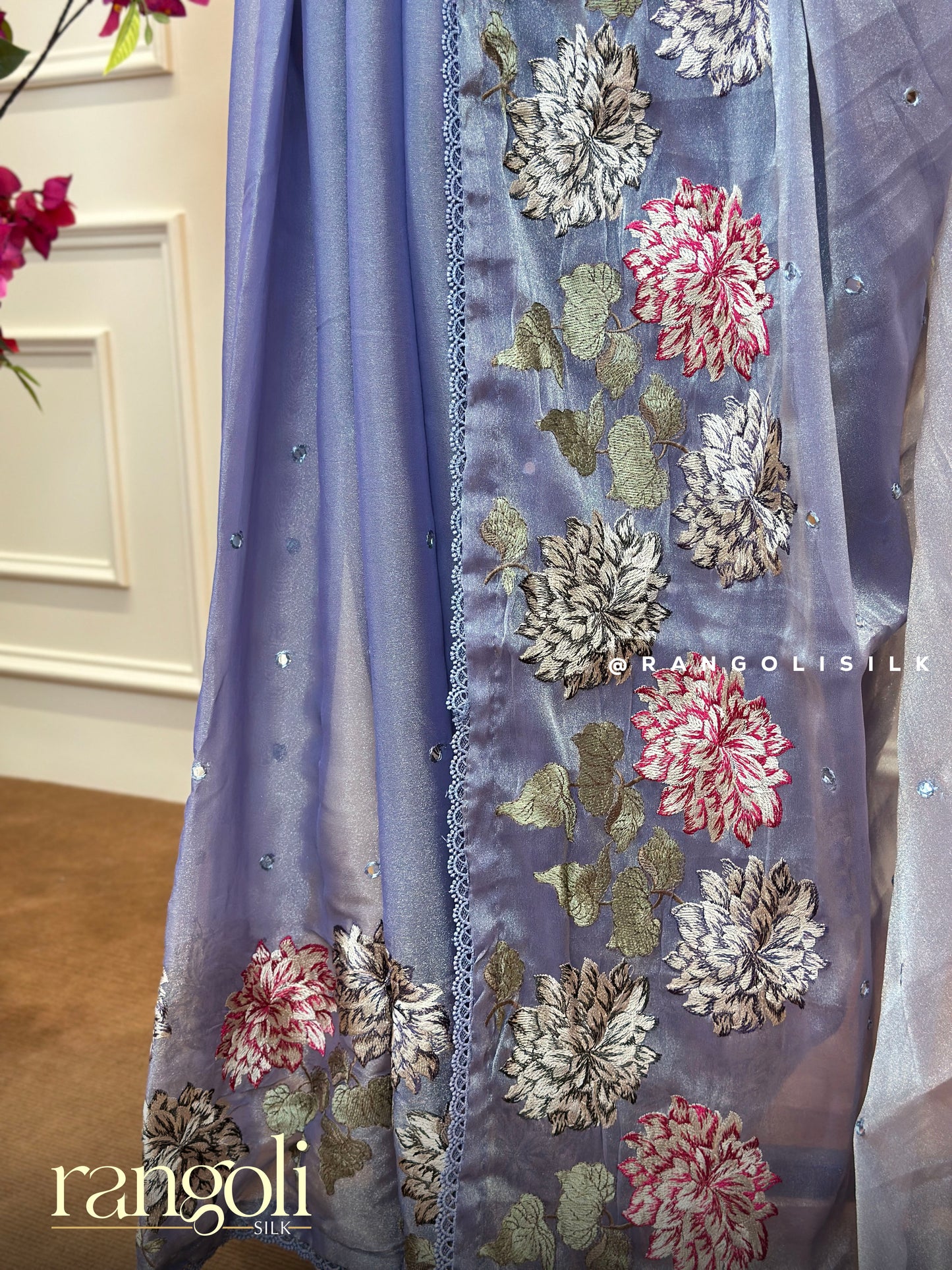 Designer Floral Embroidered Saree in Pastel Lavender & Dusty Blue with Sequin Work - Post 687