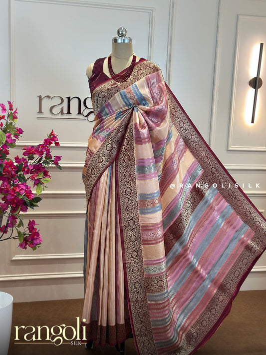 Blush Pink Banarasi Silk Saree with Maroon Zari Stripes & Rich Border - Post 692