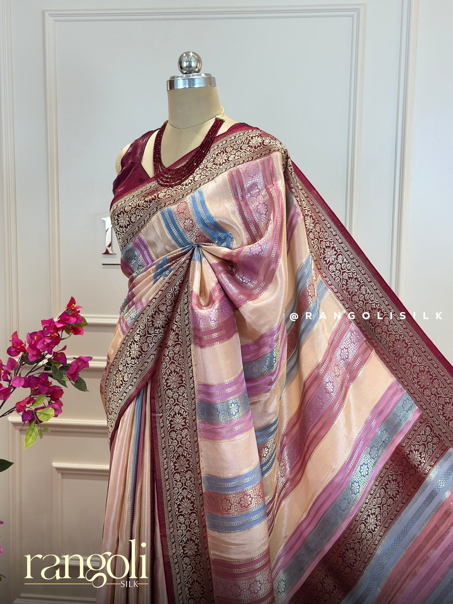 Blush Pink Banarasi Silk Saree with Maroon Zari Stripes & Rich Border - Post 692