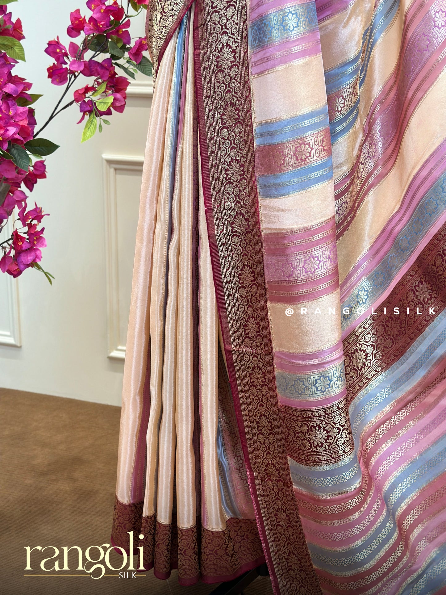 Blush Pink Banarasi Silk Saree with Maroon Zari Stripes & Rich Border - Post 692