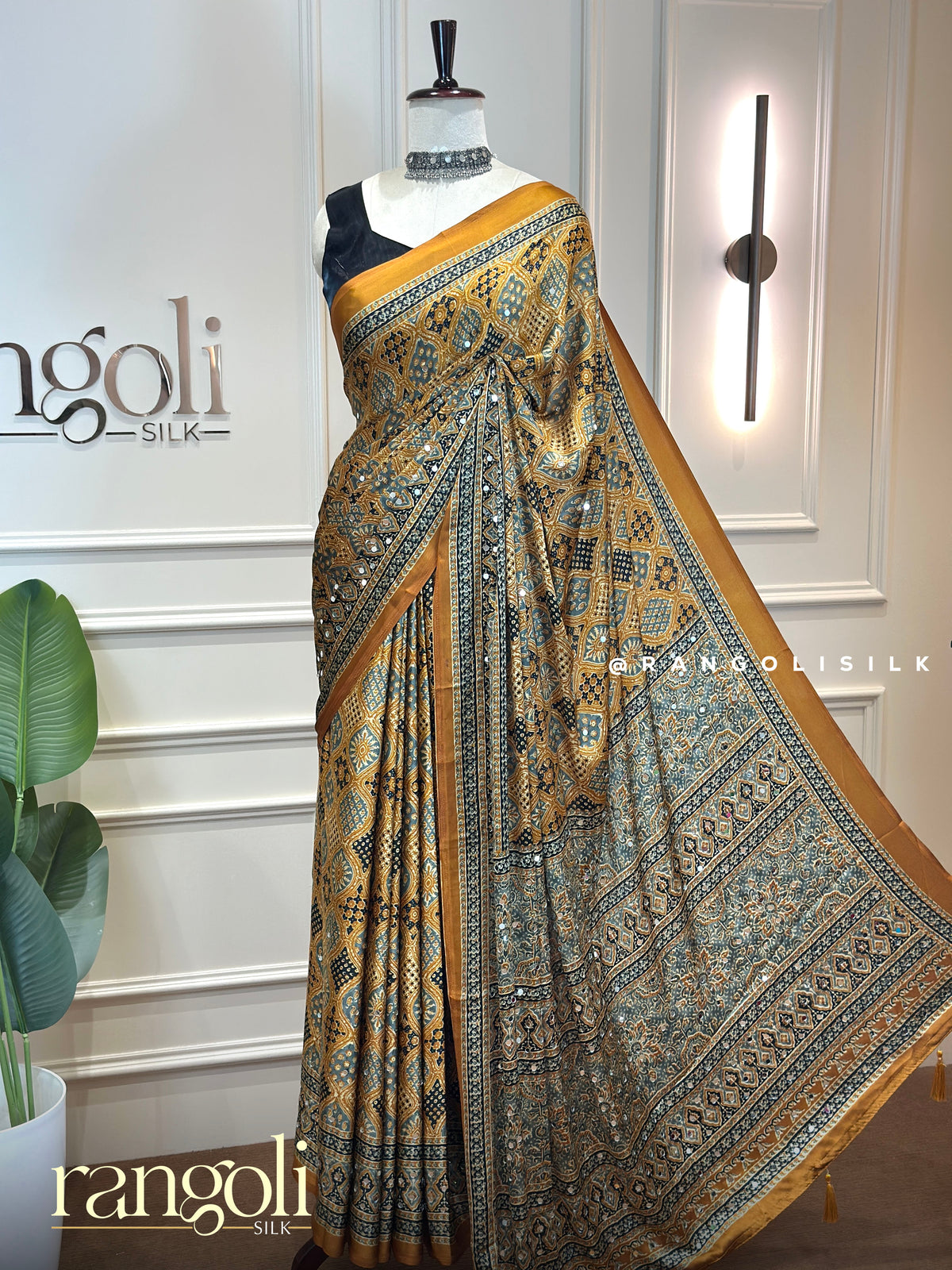 Ajrakh Modal Silk Sarees Featuring Traditional Prints and Mirror Details - Post 1006