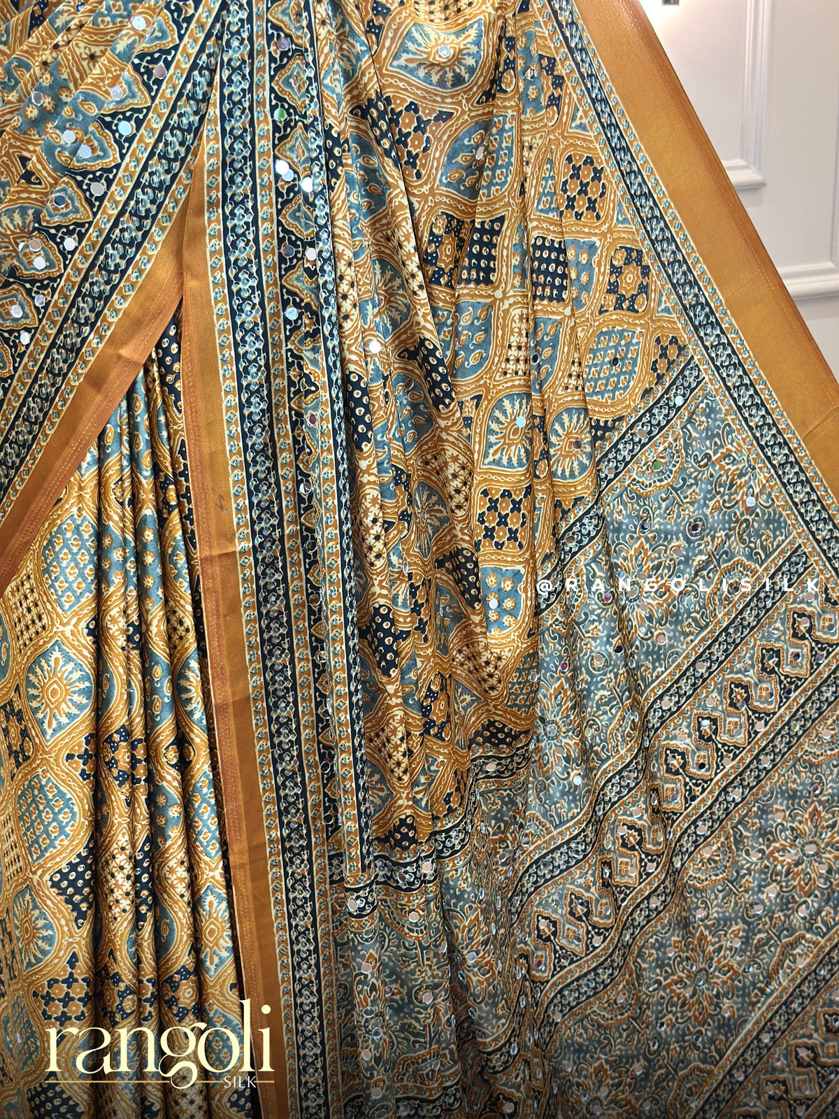 Ajrakh Modal Silk Sarees Featuring Traditional Prints and Mirror Details - Post 1006