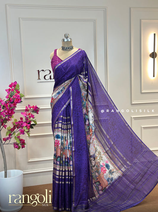 Elegant Kalamkari Print Saree with Intricate Floral Motifs & Zari Border - Post 477