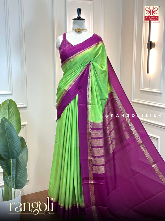 Parrot Green & Deep Violet Pure Mysore Crepe Silk Saree - Silk Mark Certified - Post 1008