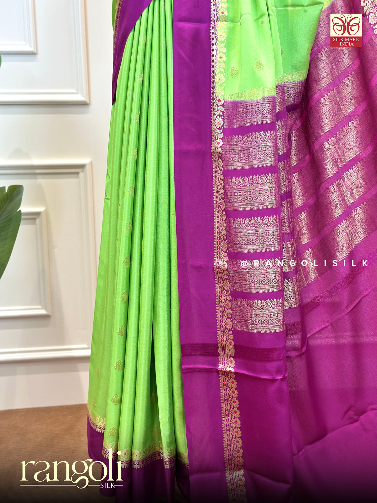 Parrot Green & Deep Violet Pure Mysore Crepe Silk Saree - Silk Mark Certified - Post 1008