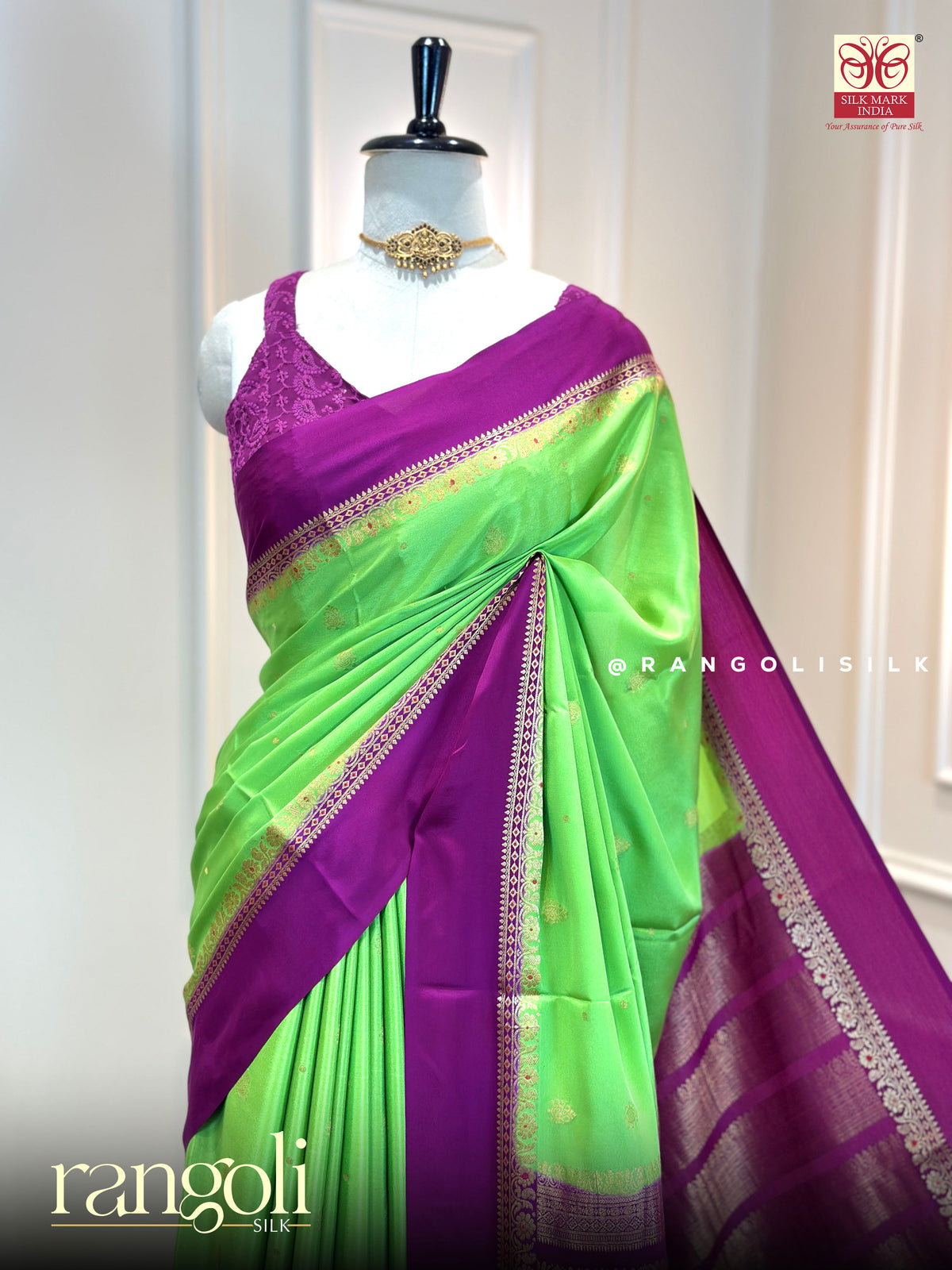 Parrot Green & Deep Violet Pure Mysore Crepe Silk Saree - Silk Mark Certified - Post 1008