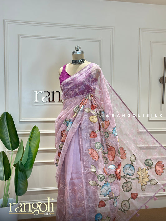 Designer Saree in Soft Pastels with Embroidery and Painted Florals - Post 380