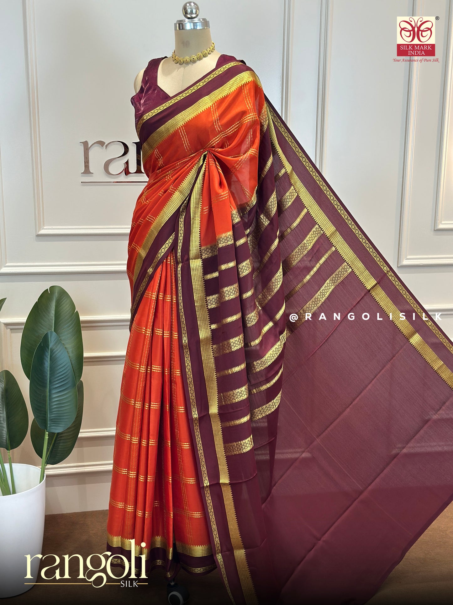 Pure Mysore Silk Saree with Classic Checks & Bentex Border - Post 693
