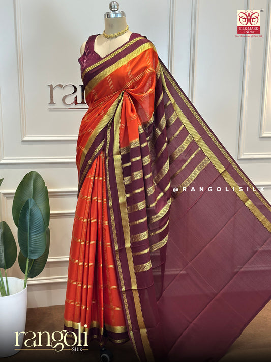 Pure Mysore Silk Saree with Classic Checks & Bentex Border - Post 693