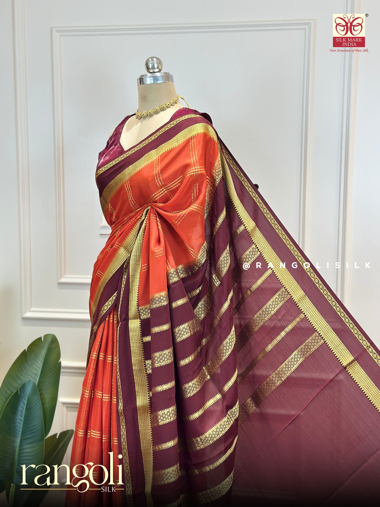 Pure Mysore Silk Saree with Classic Checks & Bentex Border - Post 693
