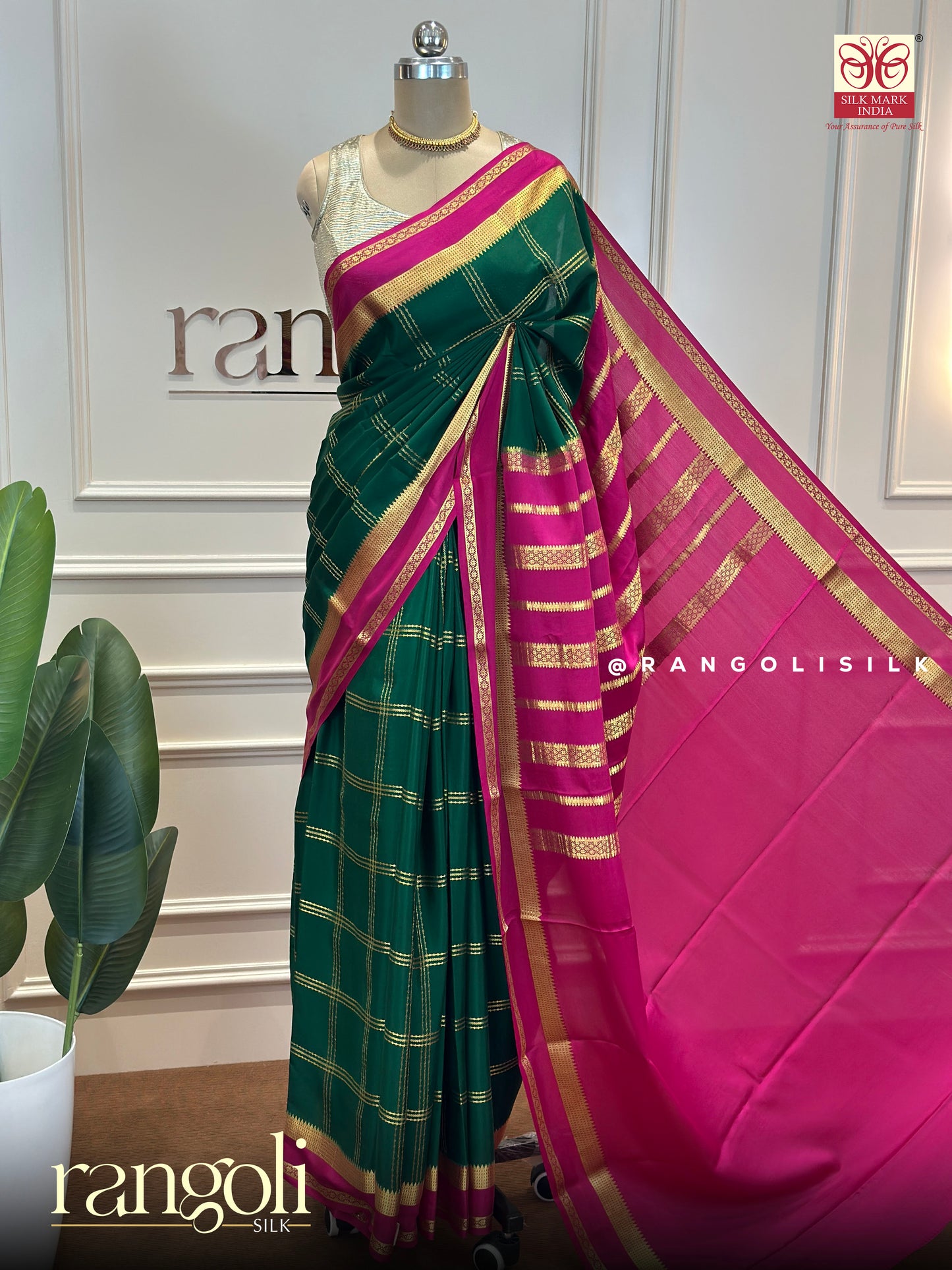 Pure Mysore Silk Saree with Classic Checks & Bentex Border - Post 693