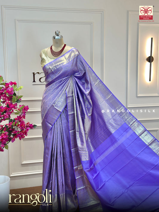 Pure Kanjivaram Silk Saree - Regal Purple with Silver Zari - Post 478