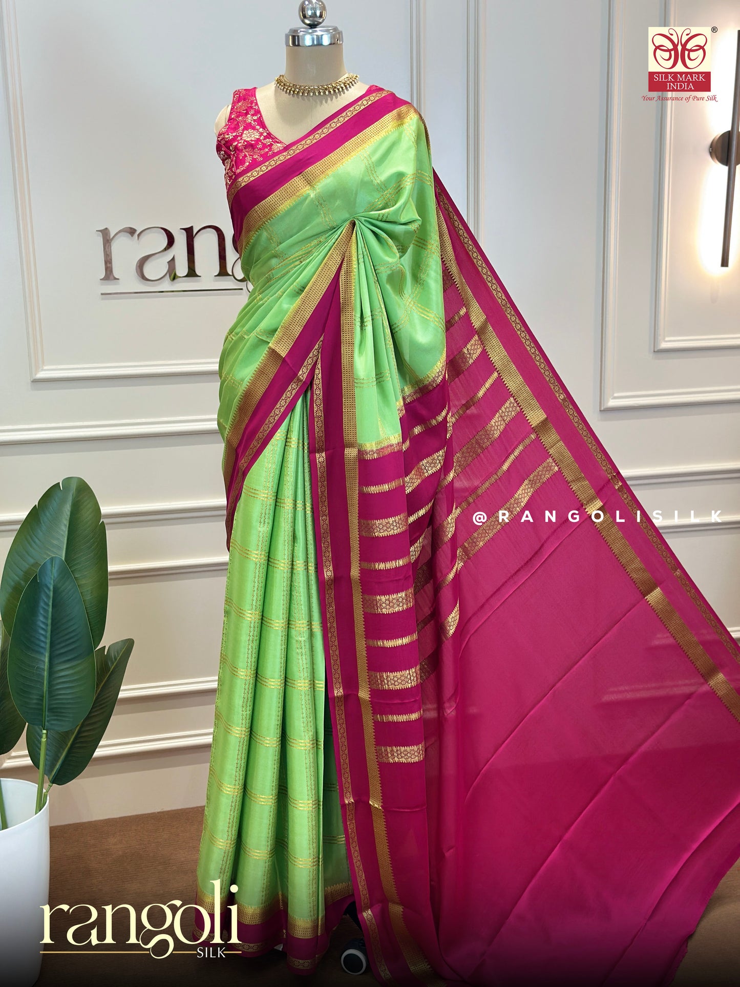 Pure Mysore Silk Saree with Classic Checks & Bentex Border - Post 693
