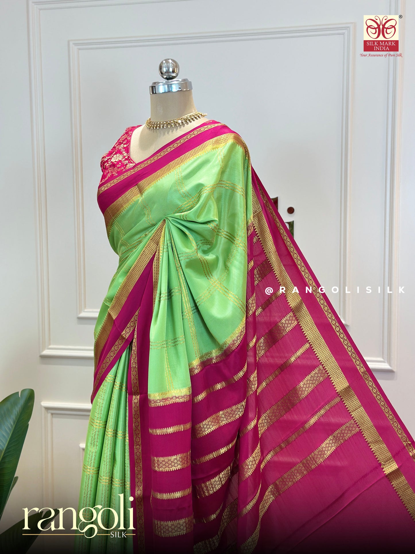 Pure Mysore Silk Saree with Classic Checks & Bentex Border - Post 693