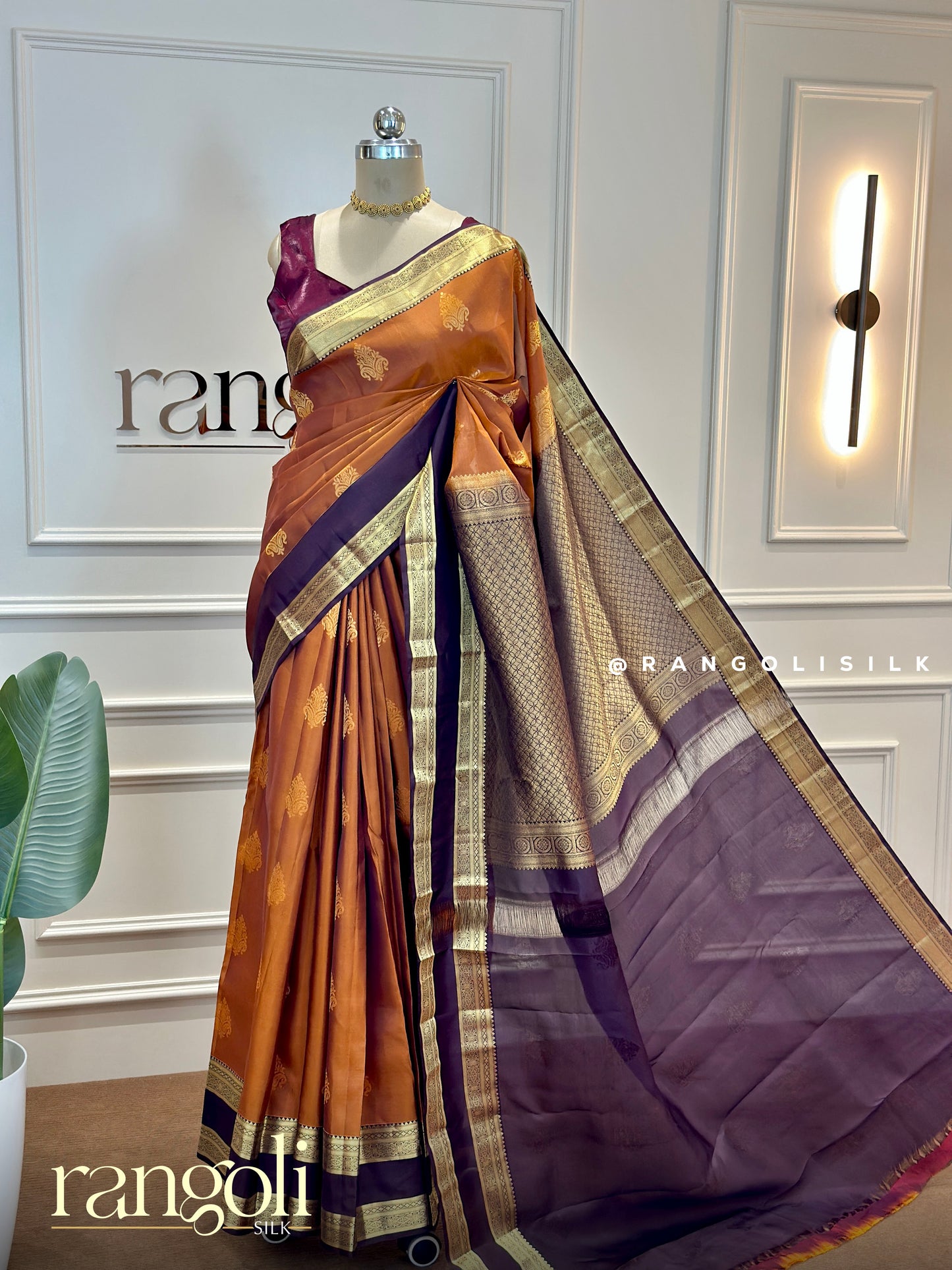 Regal Copper & Plum Kanjivaram Silk Saree with Intricate Zari Motifs & Grand Golden Border - Post 594