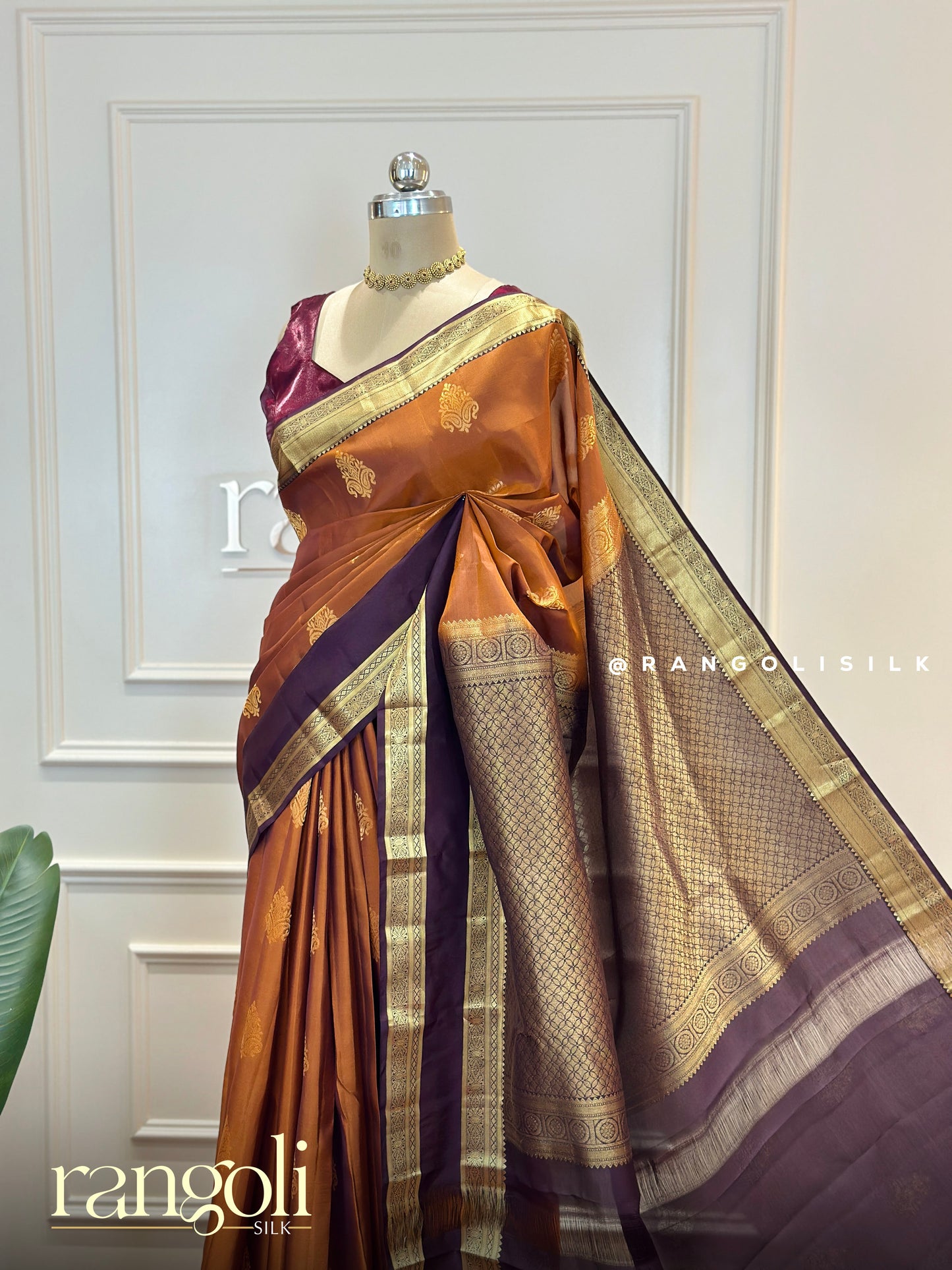 Regal Copper & Plum Kanjivaram Silk Saree with Intricate Zari Motifs & Grand Golden Border - Post 594